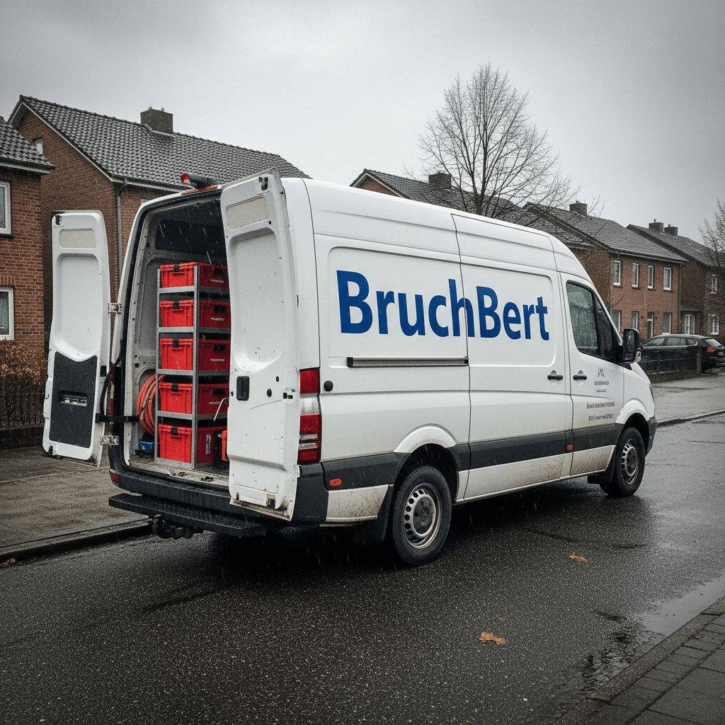 Installateur kniet im Keller neben dem Hauptabsperrventil und prüft mit Taschenlampe eine feuchte Rohrverbindung