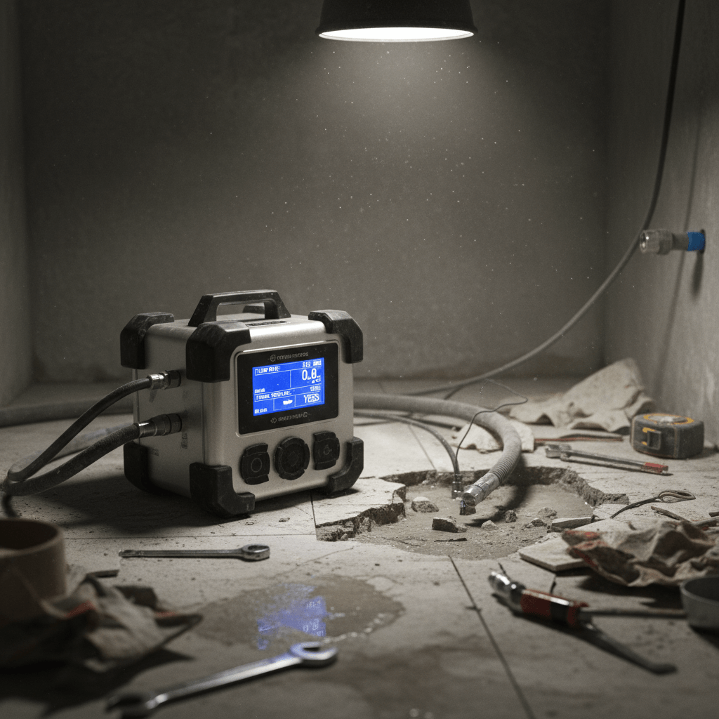 Techniker hält ein akustisches Ortungsgerät an eine geflieste Wand, daneben liegt eine geöffnete Werkzeugtasche